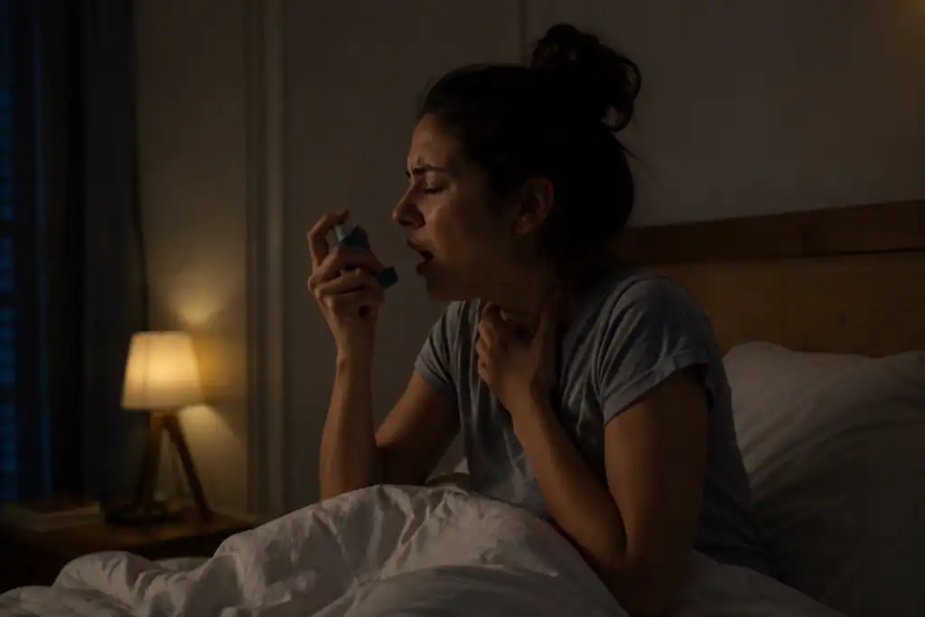 Mulher tendo crise de asma noturna no seu quarto.